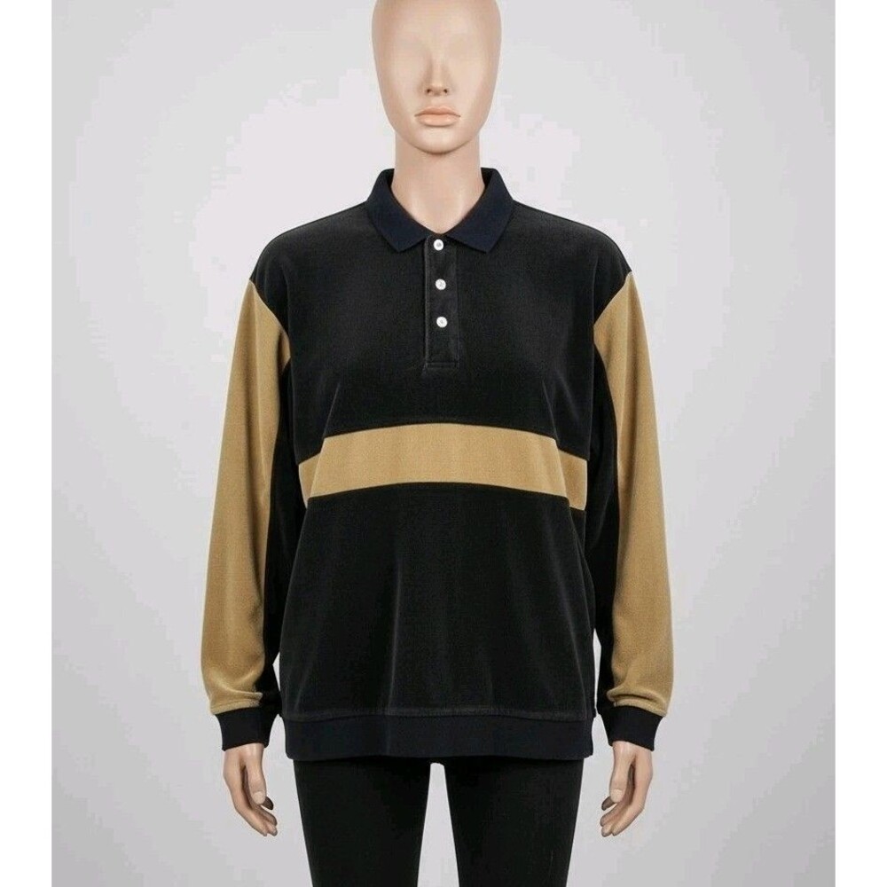 VINTAGE 80s 90s Par Four Velour Polo Shirt XL Color Block Black Tan Long Sleeve